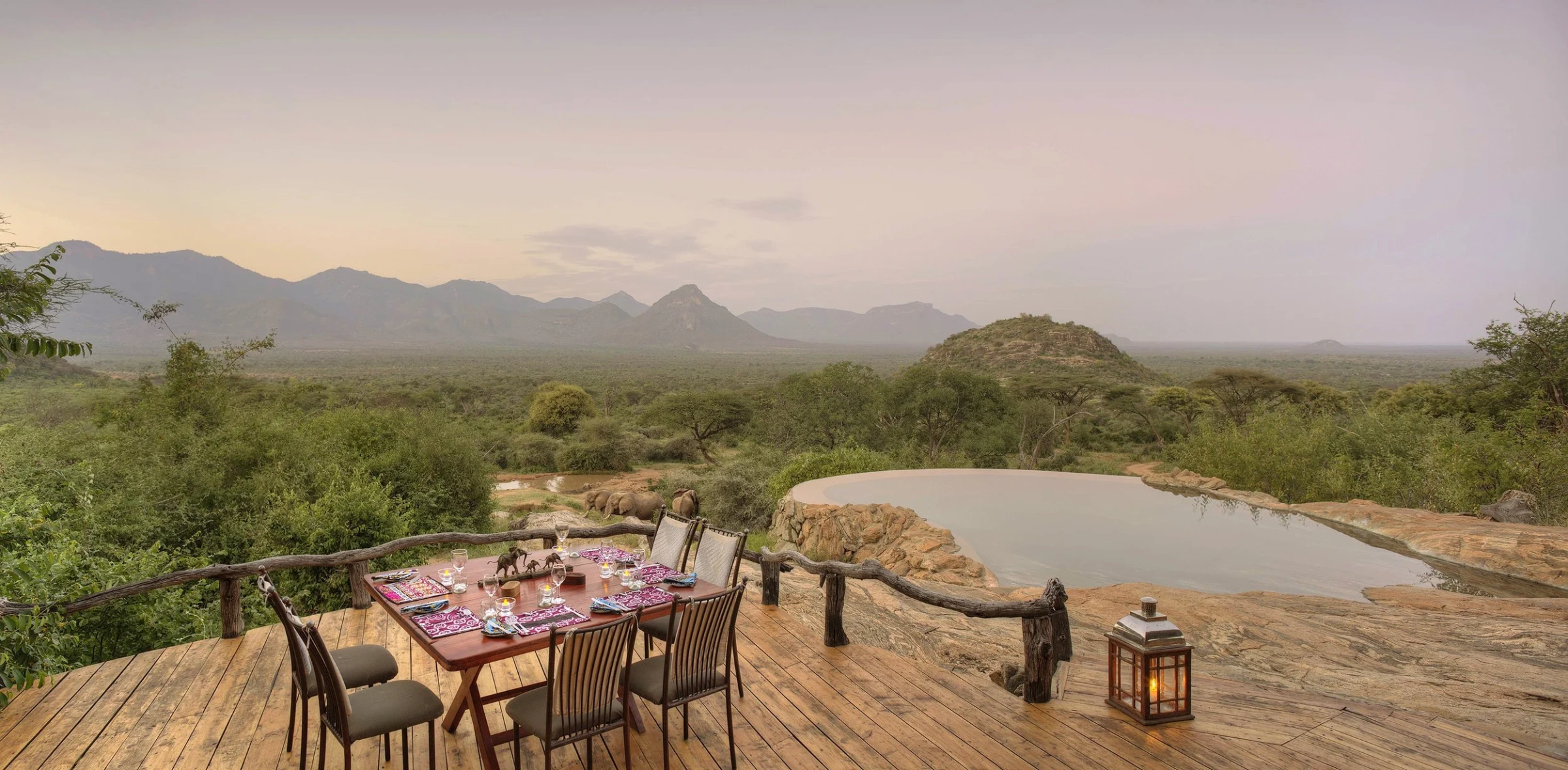 Dinner and pool at Sarara Camp ecolodge and safaris in Northern Kenya.